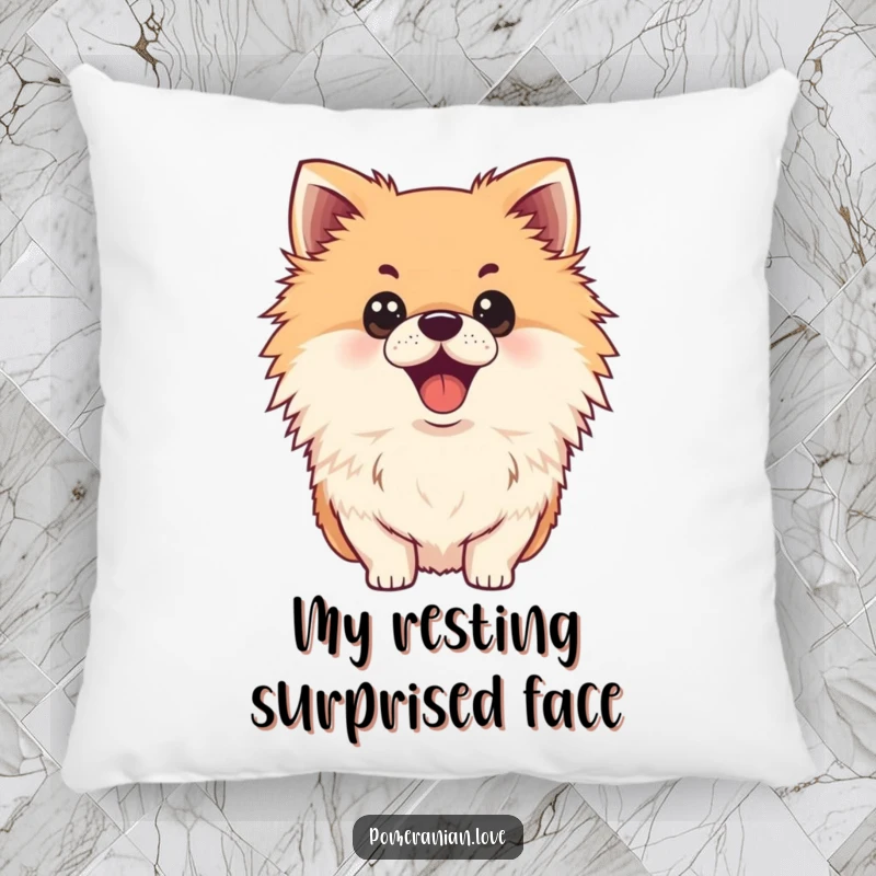 Funny surprised Pomeranian pillow, wide eyes, open mouth, comfortable cushion, cute dog decor.