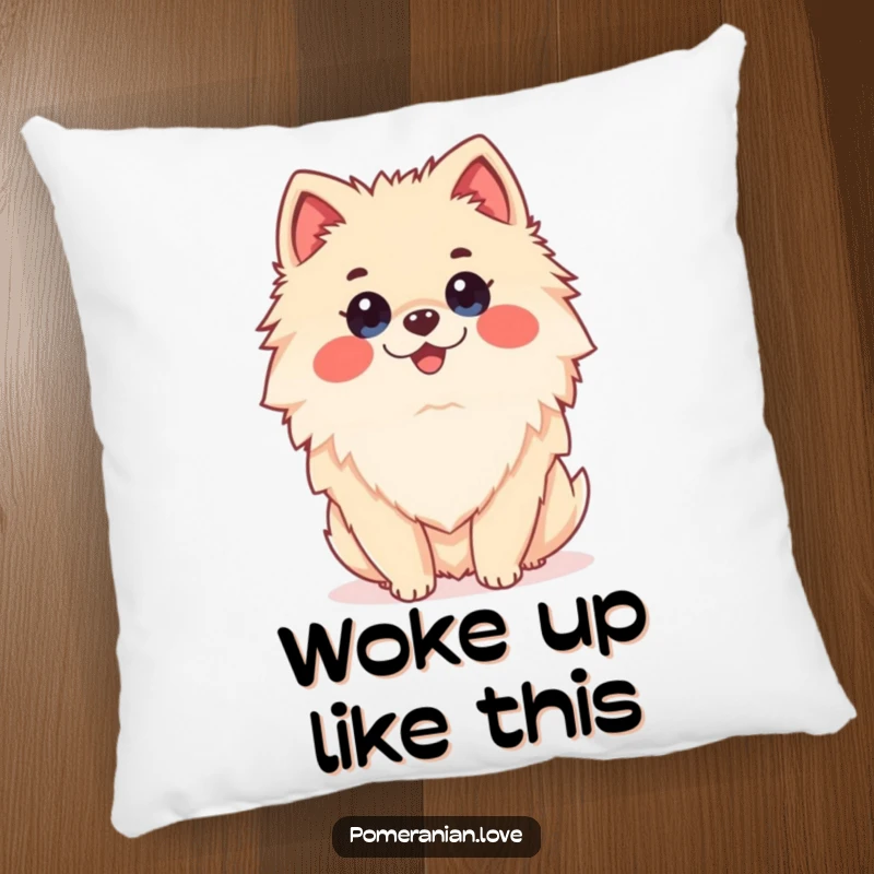 Funny Pomeranian dog with a surprised expression, designed as a soft pillow for humorous and cozy home accents.