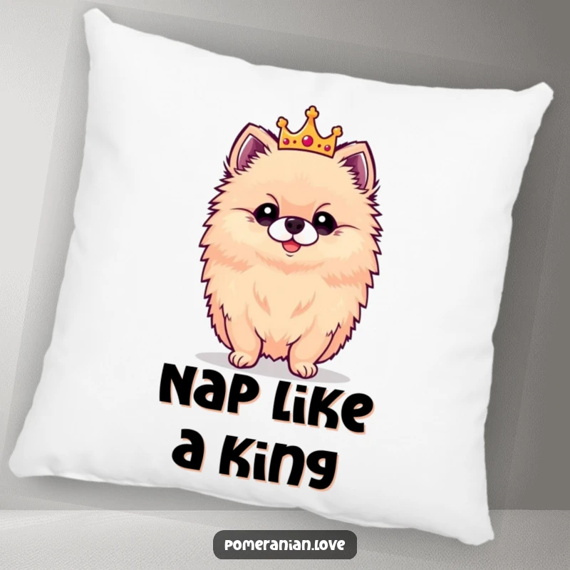 Funny pillow with a proud Pomeranian wearing a small crown, offering comfort and a regal touch to any room.