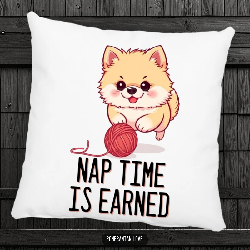 Funny Pomeranian pillow showcasing a fluffy dog intensely focused on chasing a runaway ball of yarn, adding whimsy to any room.