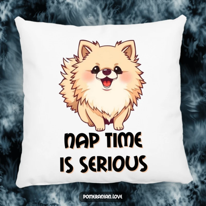 Funny Pomeranian pillow featuring a fluffy dog with a bushy tail wagging, providing comfort and a humorous touch to any seating area.