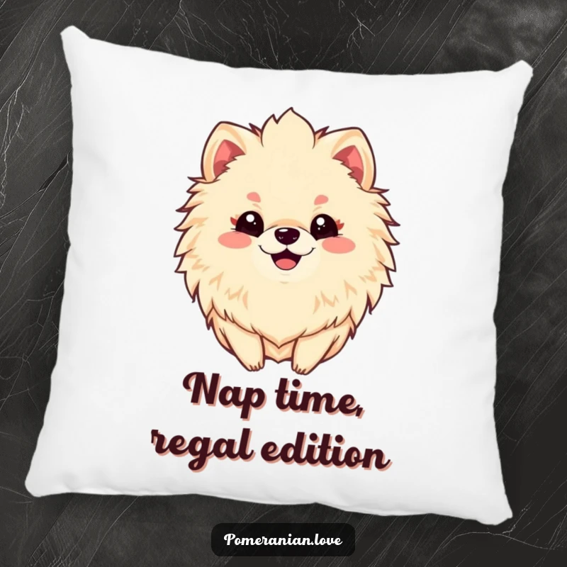 Funny pillow featuring a smiling Pomeranian dog with a luxurious, fluffy mane, adding a touch of cozy humor.