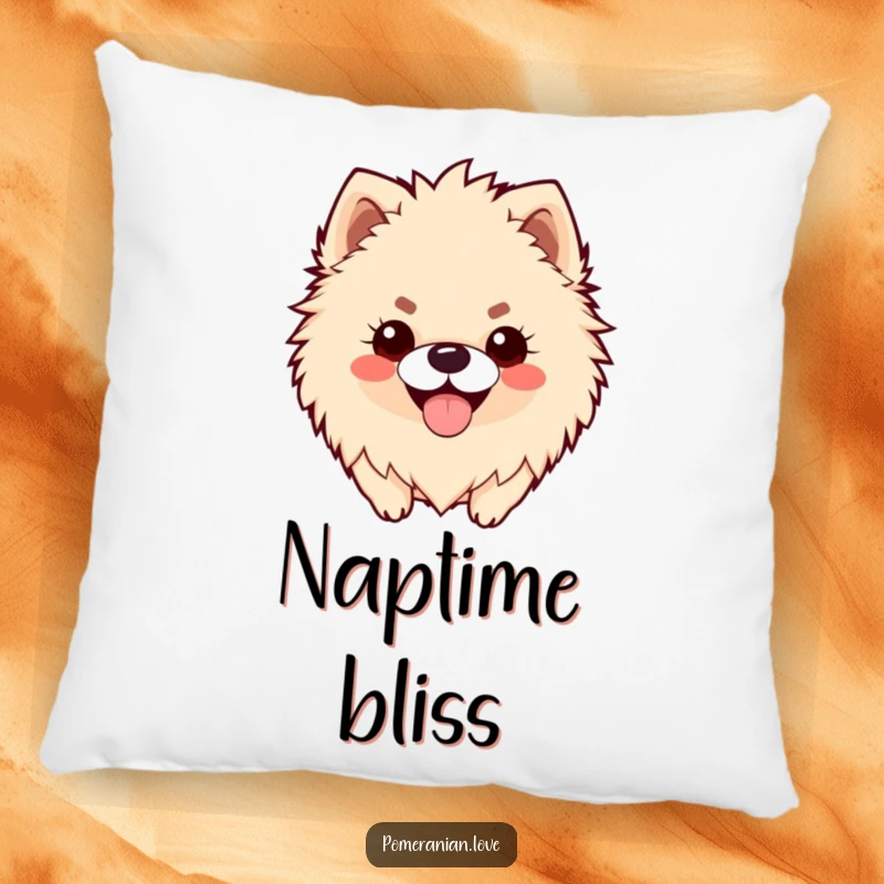 Funny pillow showcasing a fluffy Pomeranian with a happy panting smile, providing comfort and cheerful humor.