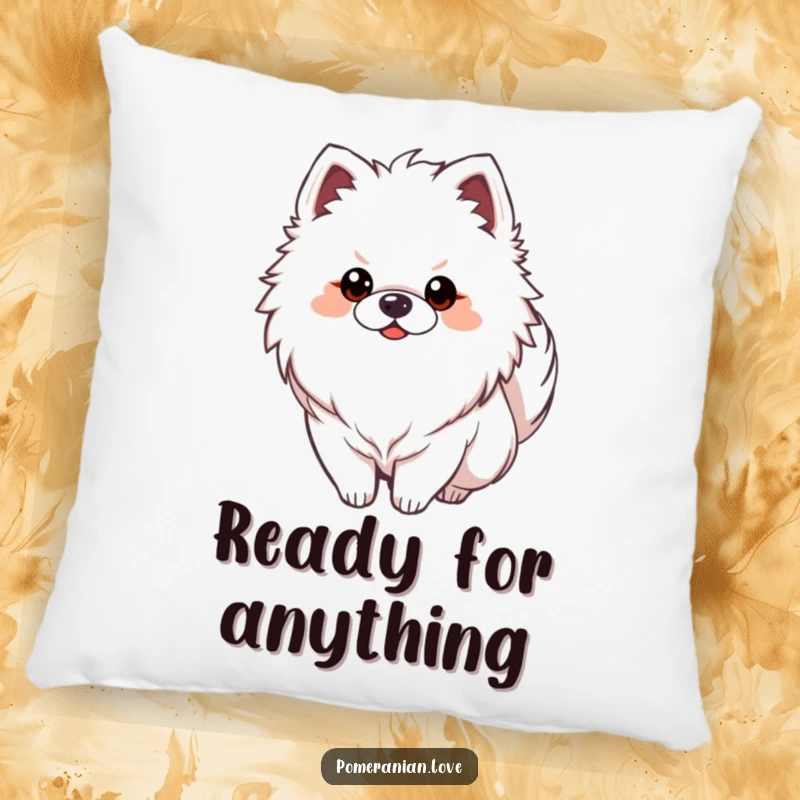 Funny Pomeranian dog with tail curled alertly, looking watchful, designed as a soft pillow for humorous accents.