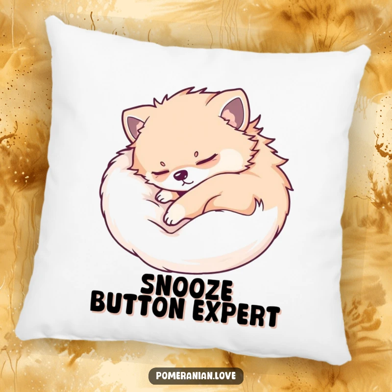 Funny Pomeranian pillow featuring a dog sleeping soundly, curled up for ultimate comfort and a touch of humor.