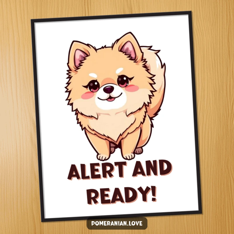 Funny alert Pomeranian digital art print, a focused dog illustration, ideal funny wall decor.
