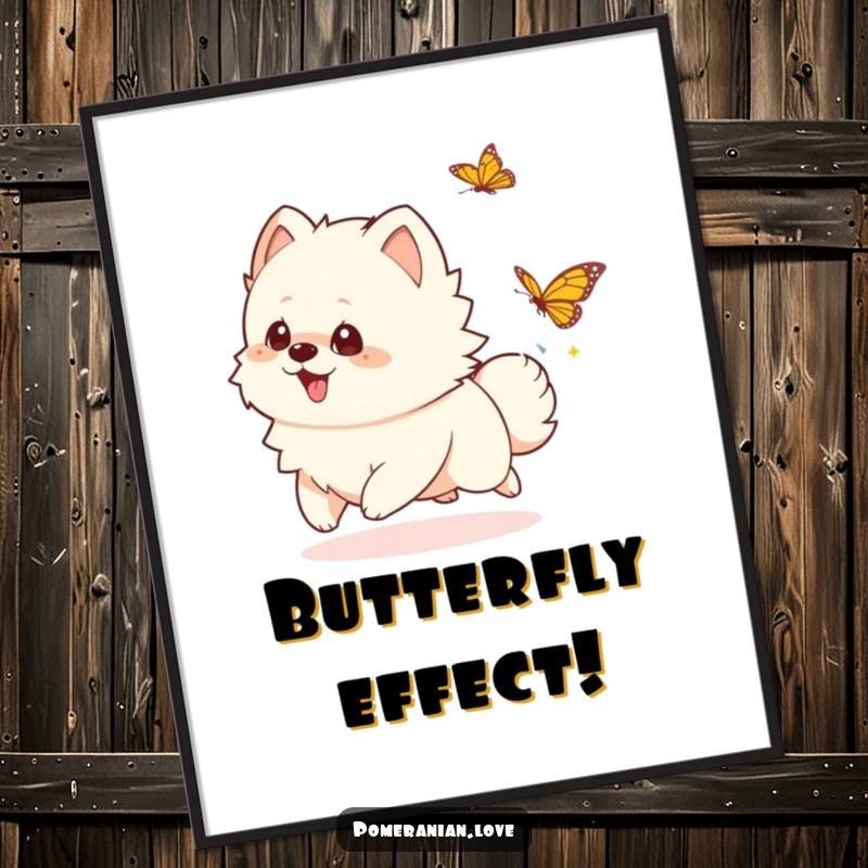 Funny playful Pomeranian digital art print, a charming illustration of a dog chasing a butterfly, ideal funny decor.