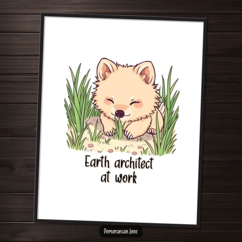 Funny Pomeranian digital art print, a cute dog happily digging its nose into grass, capturing a moment of pure joy.