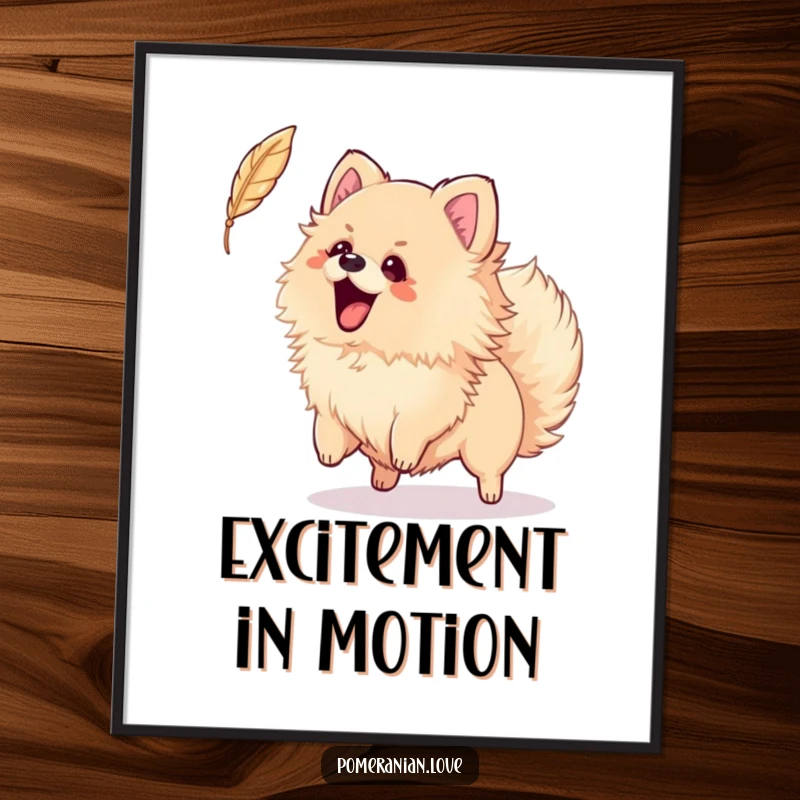 Funny digital art print of an excited Pomeranian wagging its tail, playfully catching a feather, perfect for instant playful decor.