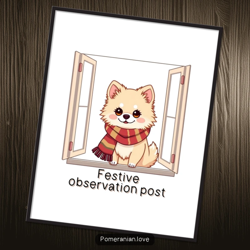 Funny Pomeranian digital art print of a dog with a festive scarf peeking from a window, evoking holiday spirit and charm.