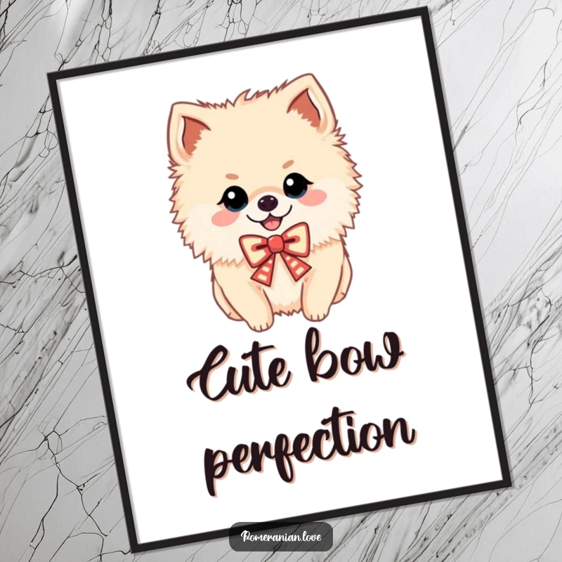 Funny digital art print of a cheerful Pomeranian with a festive bow, downloadable for instant charm, a gift.