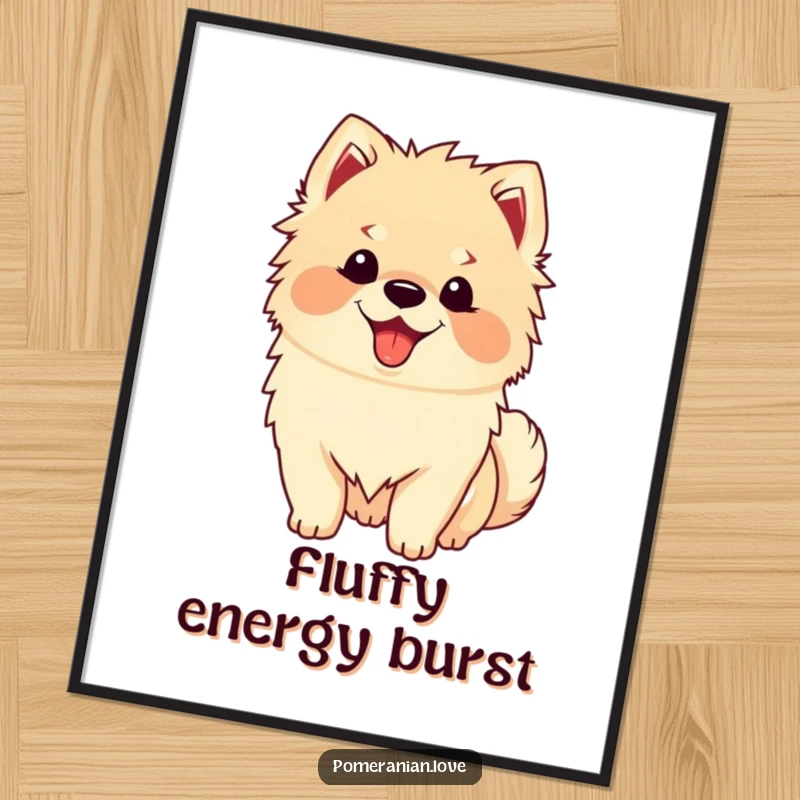 Funny Happy Pomeranian Digital Art Print: A high-resolution image of a fluffy Pomeranian with a happy panting face and an excited, wagging tail, ready to be printed.