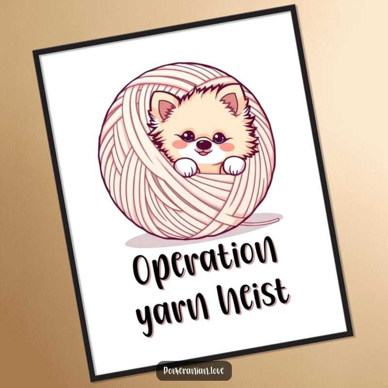 Funny mischievous Pomeranian digital art print, peeking from yarn, playful, wall decor, instant download.