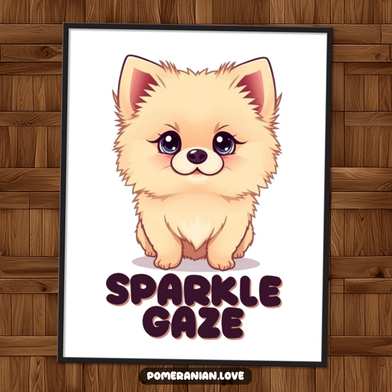 Funny digital art print of a Pomeranian dog looking up with bright eyes, perfect for heartwarming decor.