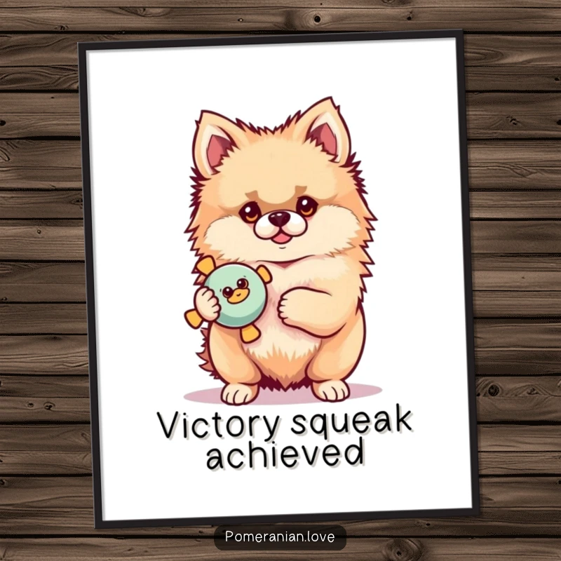 Funny Pomeranian digital art print of a proud dog holding a squeaky toy, symbolizing playful victory and charm.