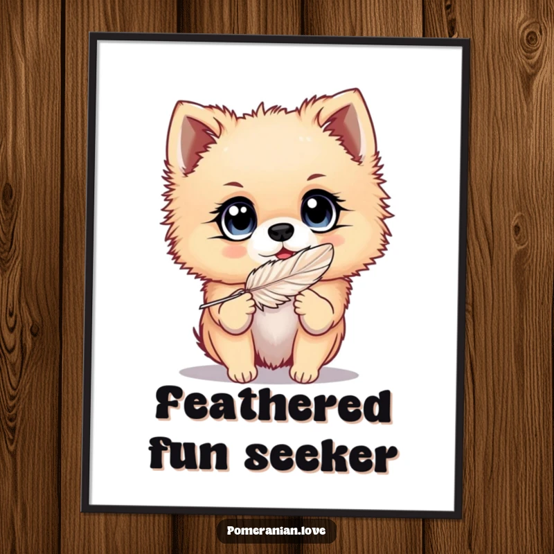 Funny Pomeranian digital art print of a dog with big, bright eyes playing with a feather, offering instant joyful and playful wall decor.