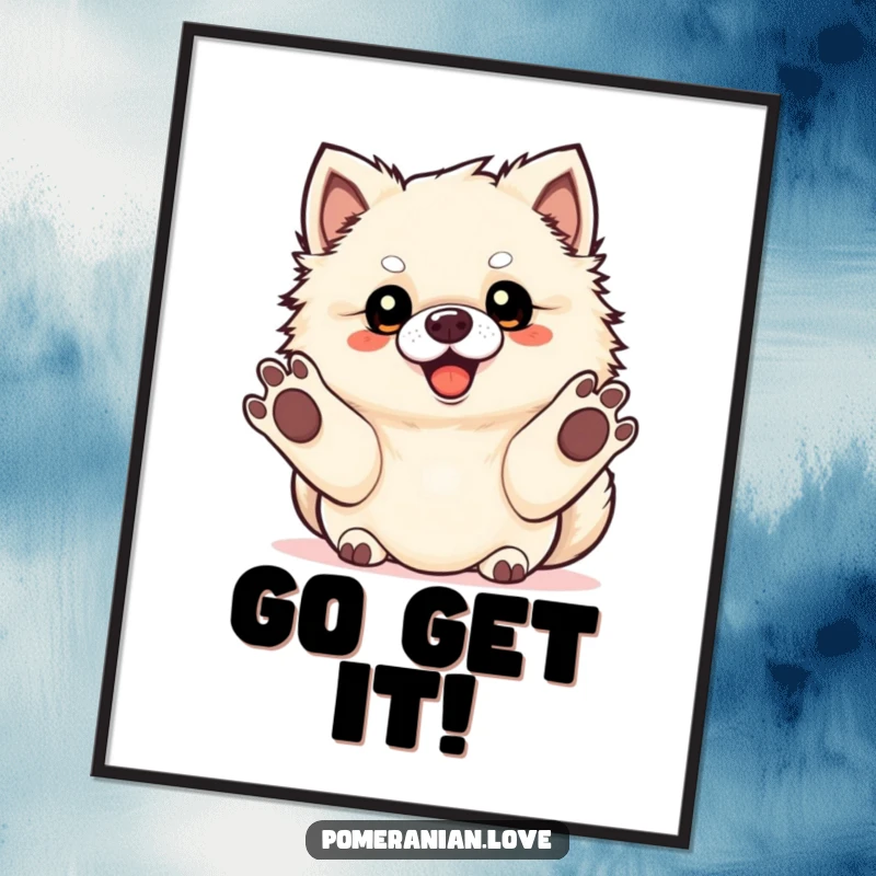 Funny Pomeranian dog with paws extended, anticipating fetch, as a digital art print.