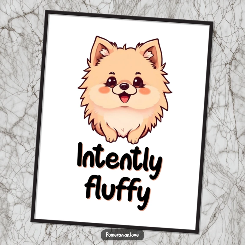 Funny Pomeranian digital art print of a delighted dog with perked ears, looking intently, bringing curious and humorous energy instantly.