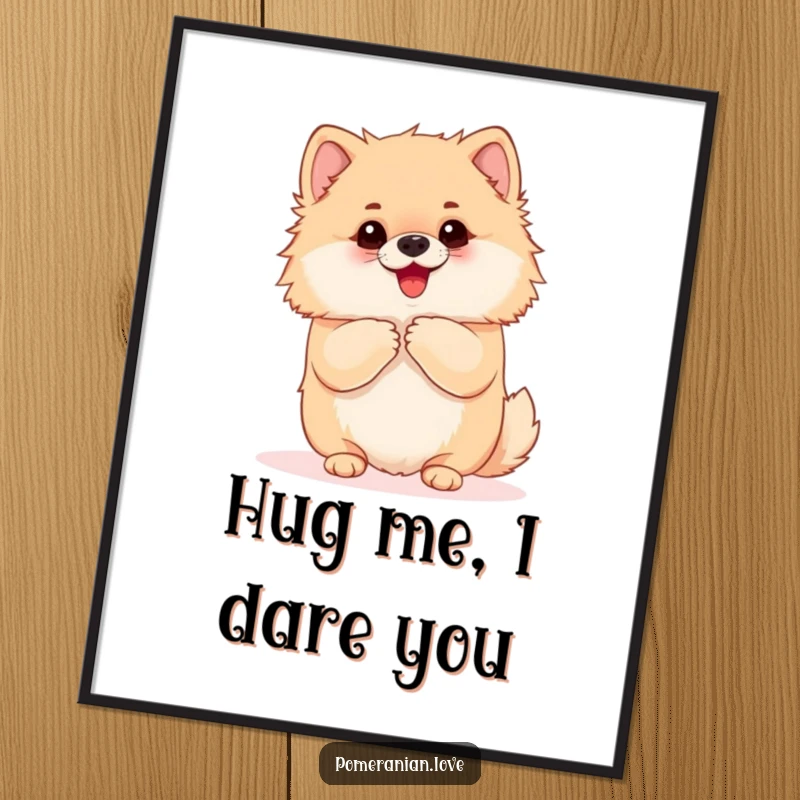 Funny Pomeranian digital art print of an eager dog yapping and begging for a hug. Offers instant charm and affection for wall decor.