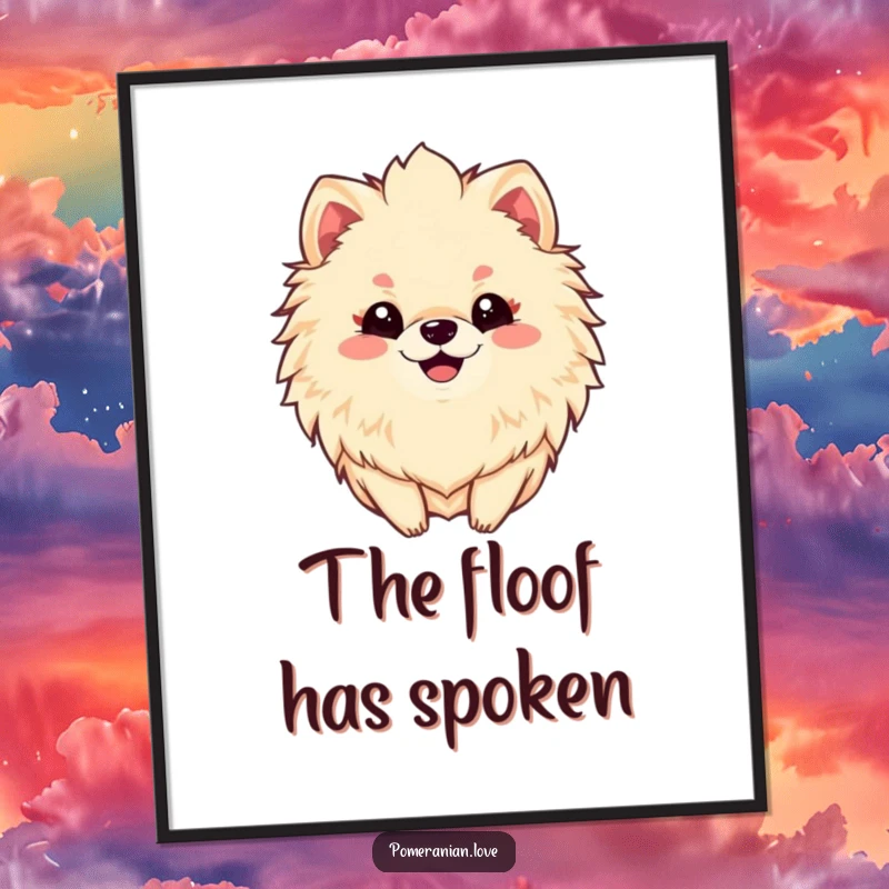 Funny digital art print of a smiling Pomeranian dog with an impressively fluffy mane, radiating happiness and charm.