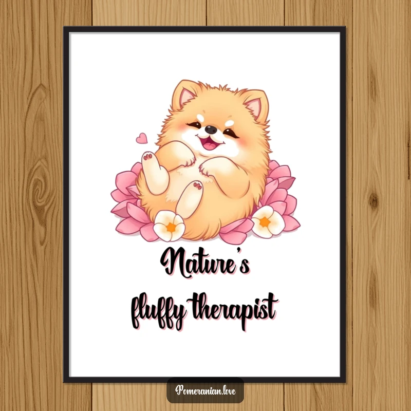Funny Pomeranian digital art print, capturing the dog's ecstatic moment rolling on its back amidst a soft, colorful explosion of flower petals.