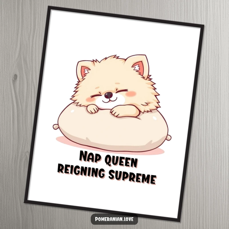 Funny Pomeranian digital art print of a content dog sleeping soundly on a cushion. Offers instant charm and humor for wall decor.