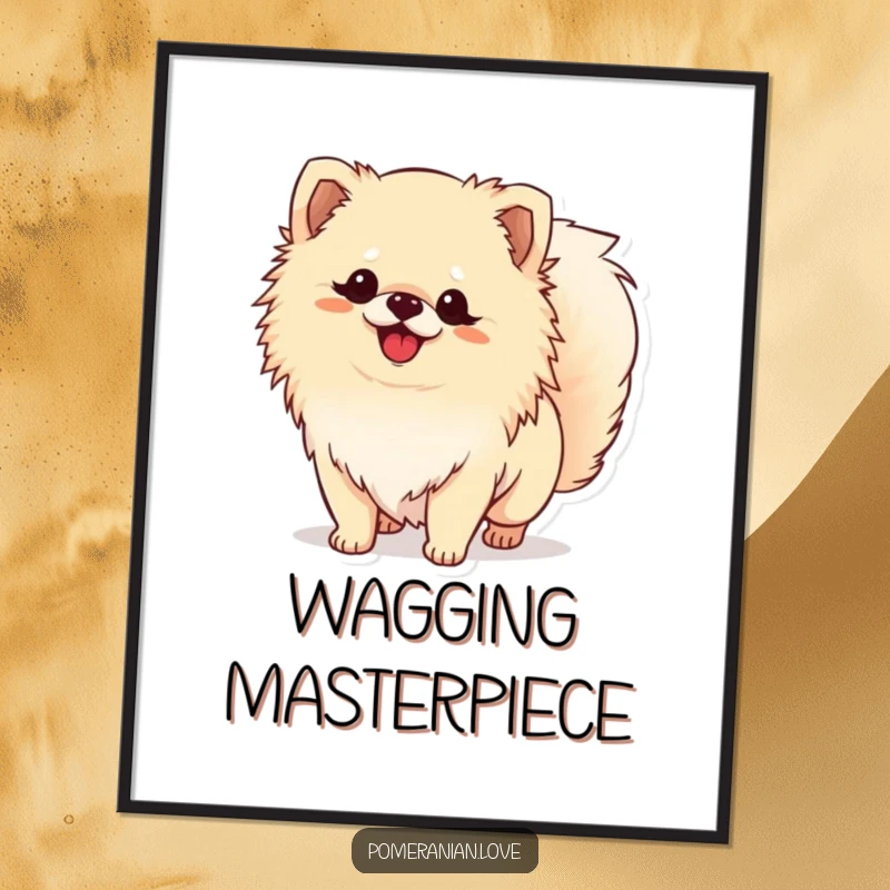 Funny Pomeranian digital art print of a dog wagging its tail, radiating pure happiness and perfect for instant wall decor.