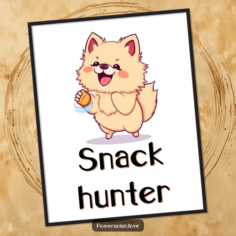Funny digital art print of an excited Pomeranian dog jumping for a treat, perfect for energetic decor.