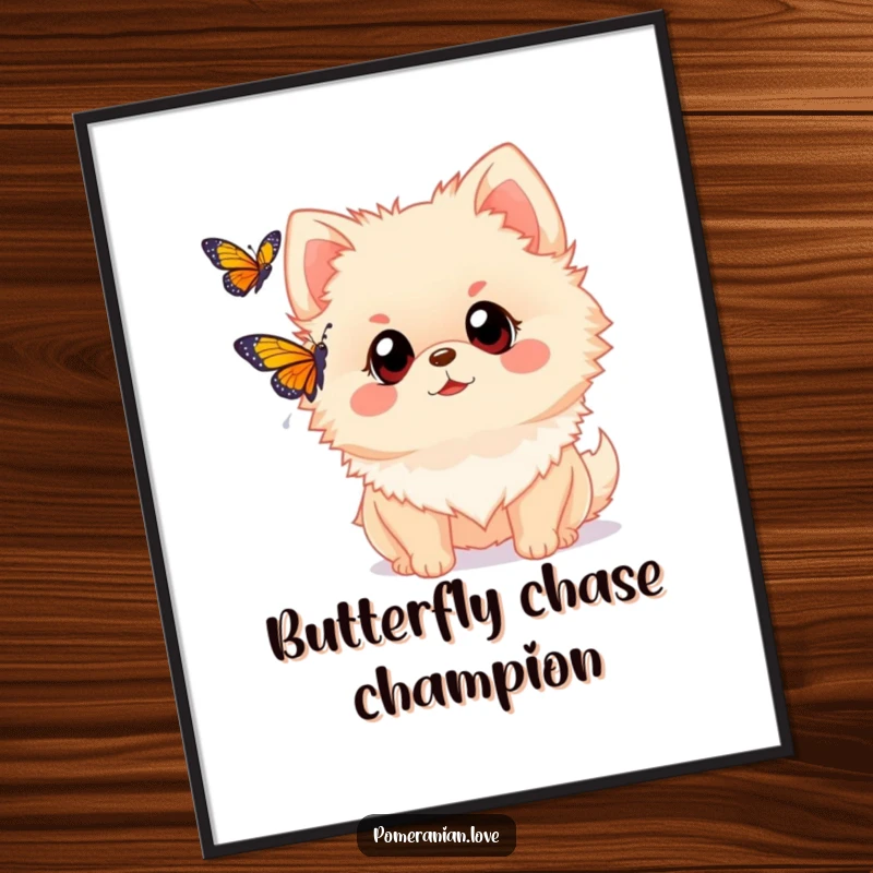 Funny Pomeranian digital art print of a dog with wide eyes watching a butterfly. Offers instant charm and wonder for wall decor.
