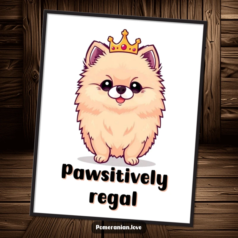 Funny digital art print of a proud Pomeranian wearing a tiny crown, adding instant regal charm and humor.
