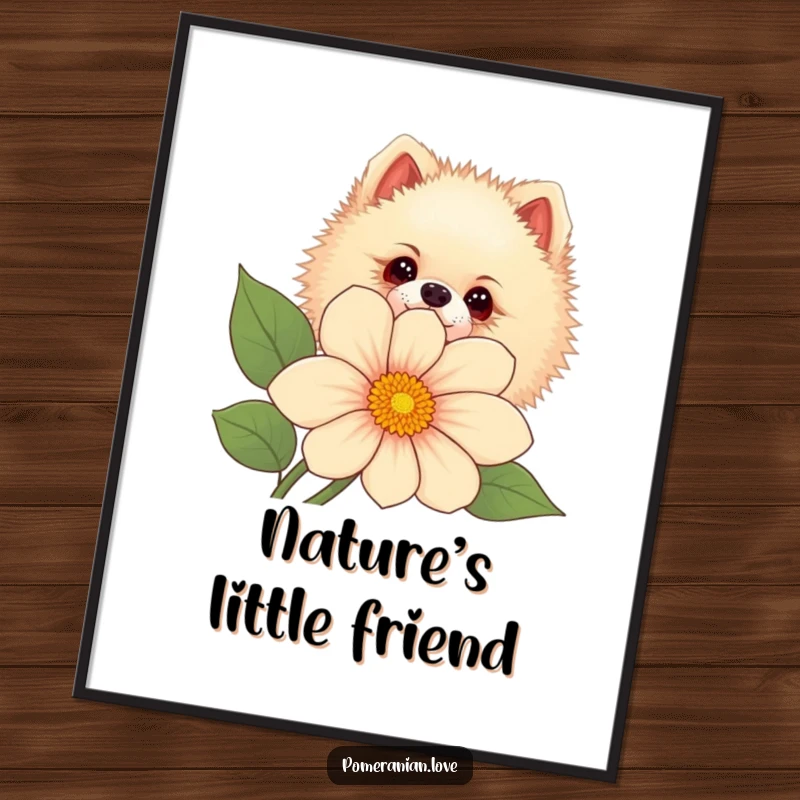 Funny Pomeranian dog peeking curiously from behind a large flower, as a digital art print.