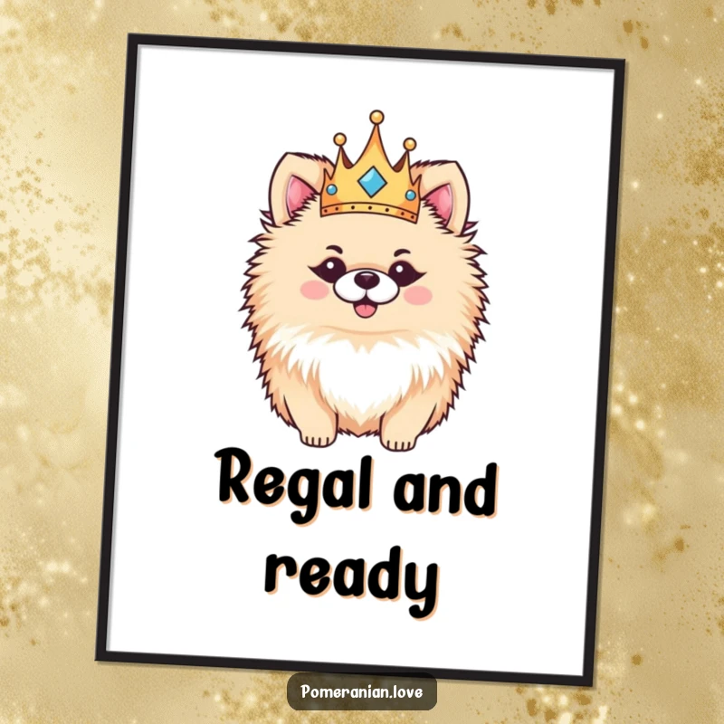 Funny Pomeranian digital art print, a fluffy dog wearing a small crown, looking regal, happy, and utterly charming.