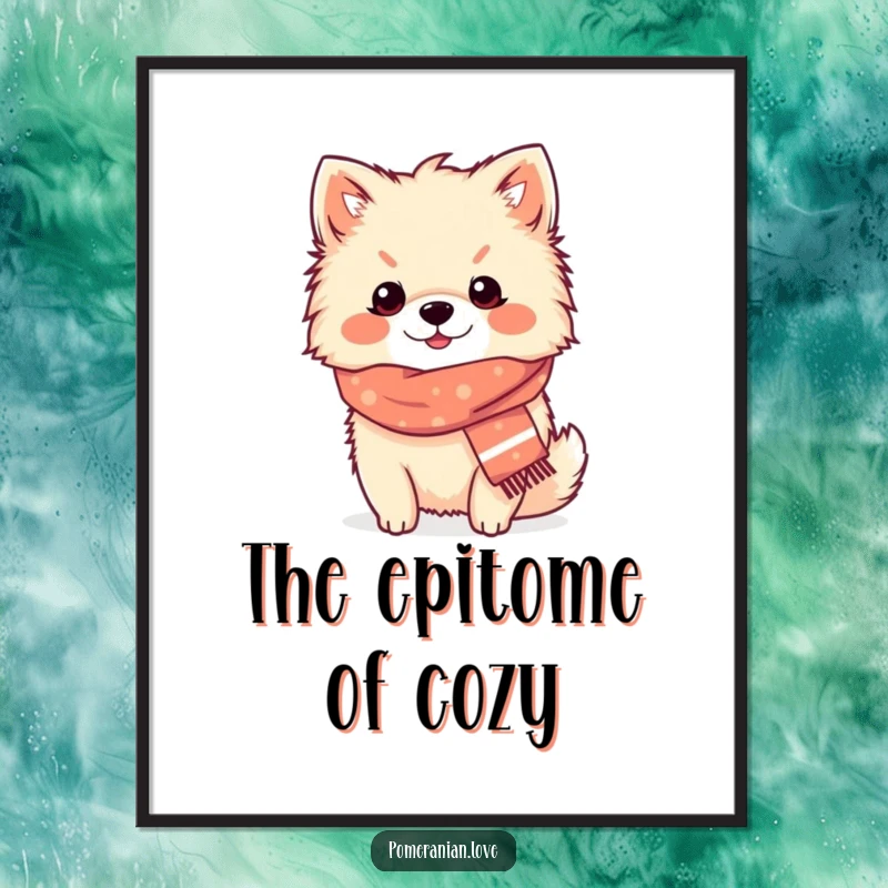 Funny Pomeranian cozy scarf digital art print, a content dog wearing a tiny scarf, bringing warmth and humor.