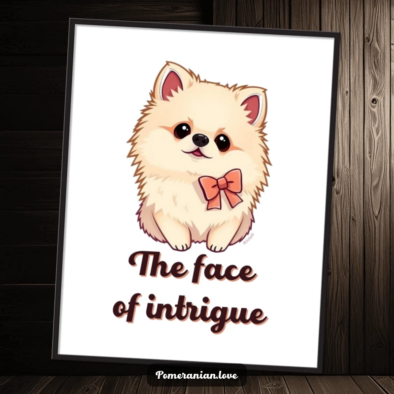 Funny Pomeranian digital art print of a dog in a tiny bow tilting its head curiously, offering instant whimsical wall decor.