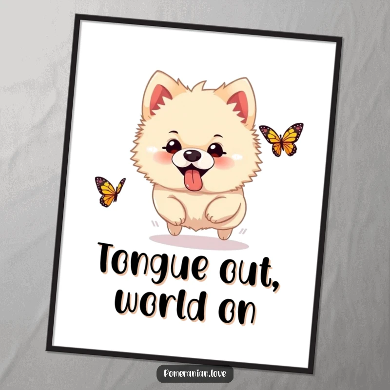 Funny Pomeranian digital art print, a silly dog with tongue out, joyfully chasing a butterfly, full of playful spirit.