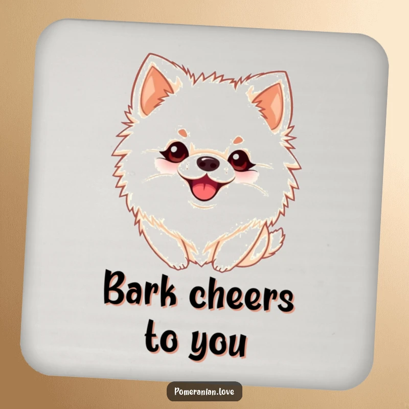 Funny Pomeranian coasters featuring a dog with perky ears barking playfully, adding playful humor and protection.