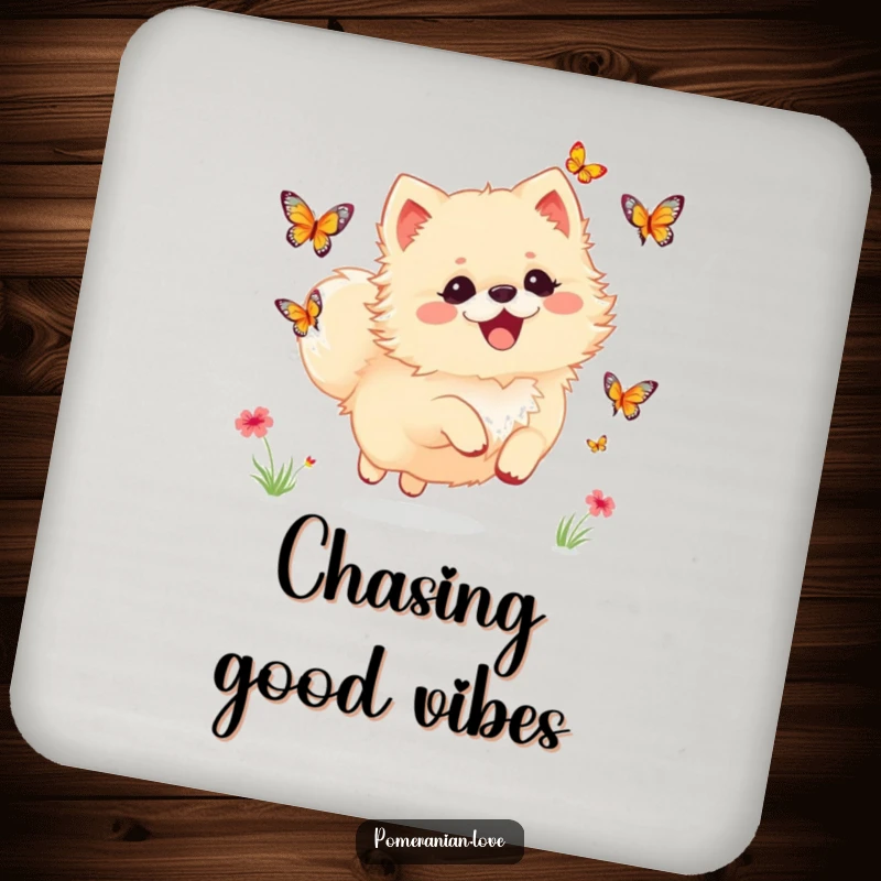 Funny Pomeranian coasters featuring a dog joyfully chasing butterflies, adding whimsical humor and protection.