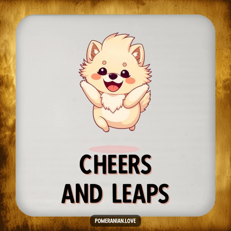 Funny Pomeranian drink coaster featuring a happy dog with a fluffy mane mid-jump, adding joyful flair and surface protection.