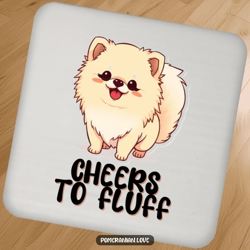 Funny Pomeranian drink coaster featuring a dog wagging its tail, protecting surfaces with a touch of canine cuteness.