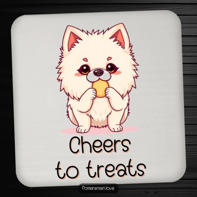 Funny Pomeranian coaster featuring an alert dog ready for a treat. Protects surfaces with a touch of humor and eager canine charm.