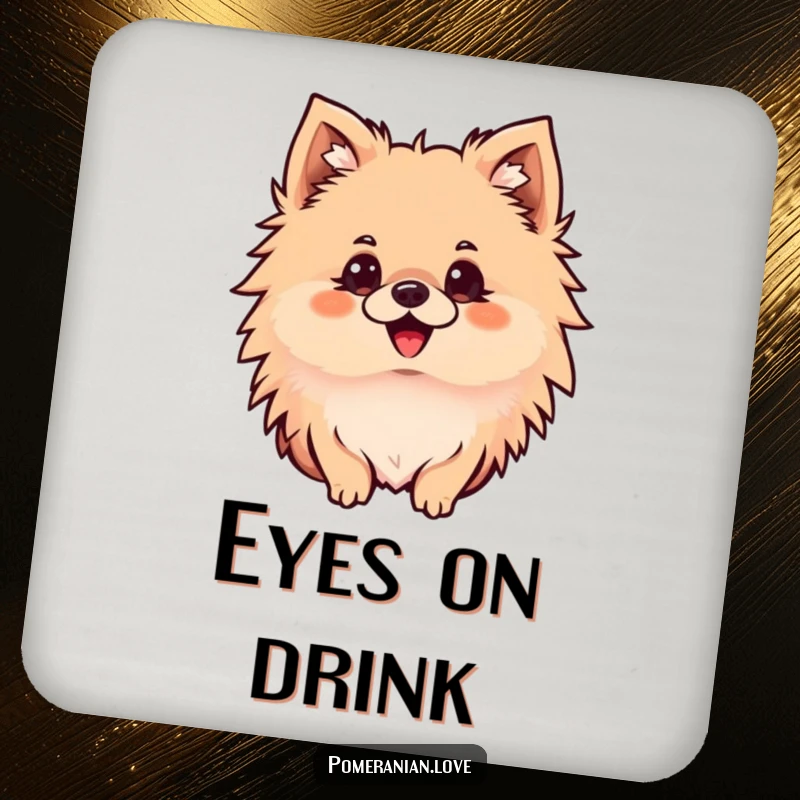 Funny Pomeranian drink coaster featuring a delighted dog with perked ears, looking intently, adding curious flair and surface protection.