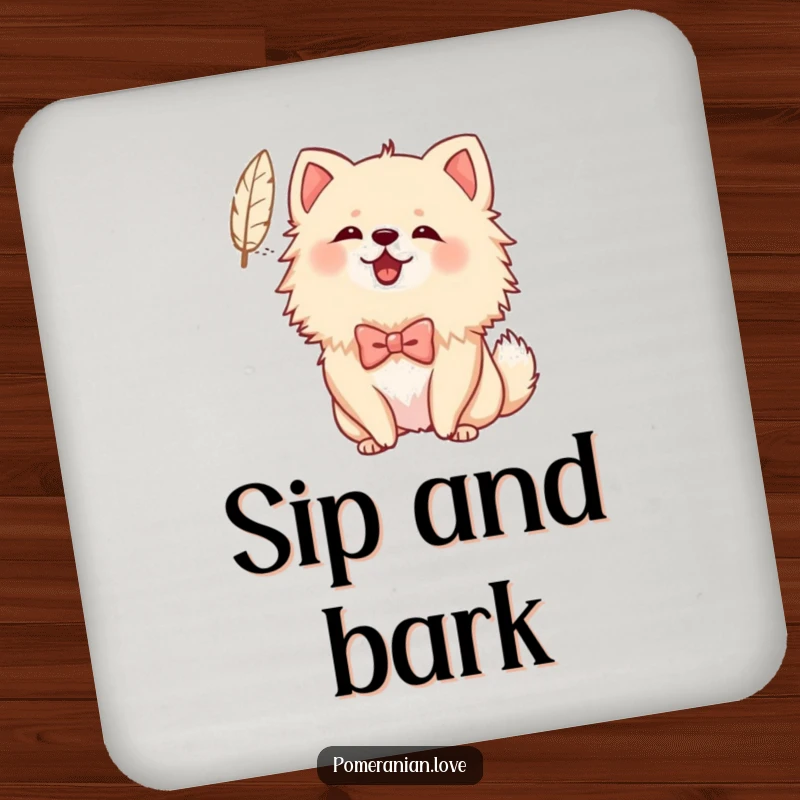 Funny Bowed Pomeranian Coasters: A set of coasters featuring a Pomeranian with a bow cheerfully barking at a floating feather, protecting surfaces with humor.