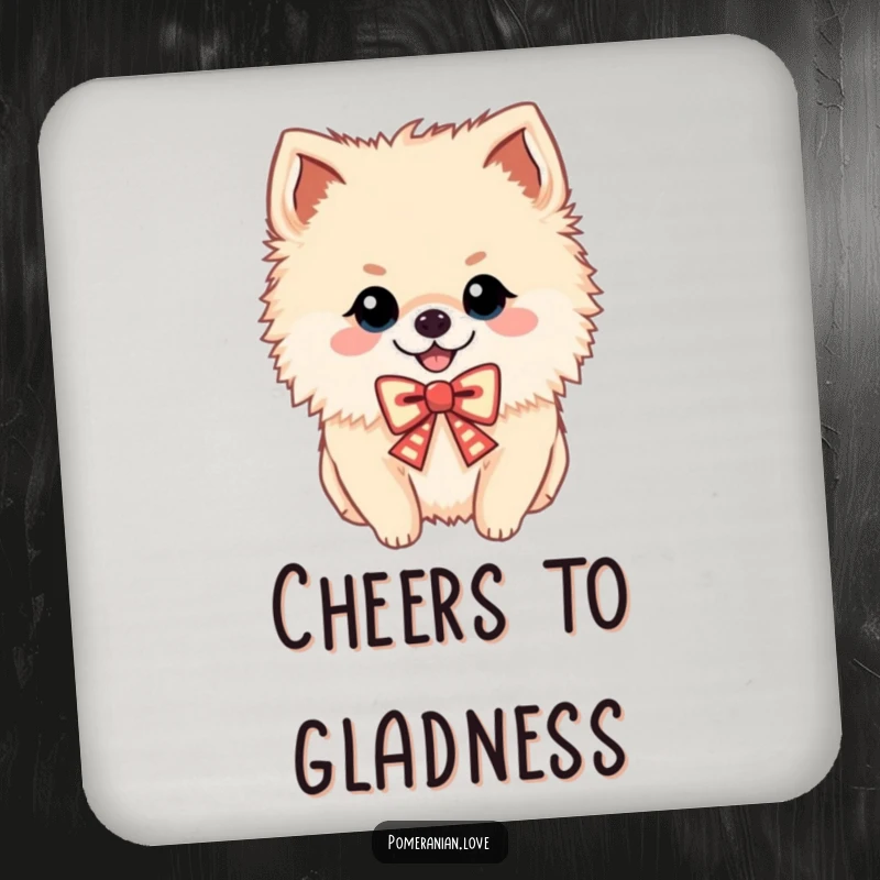 Funny drink coaster with a cheerful Pomeranian wearing a festive bow, adds cute humor, a small gift.