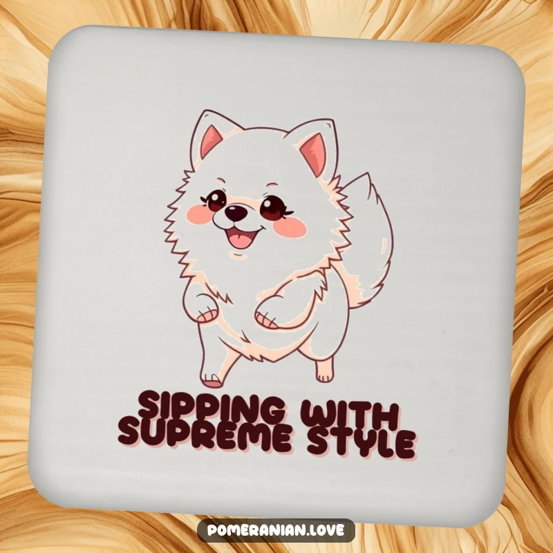 Funny Pomeranian coaster, showing a smiling dog confidently trotting with its tail held high, radiating cheerful energy and self-assurance.