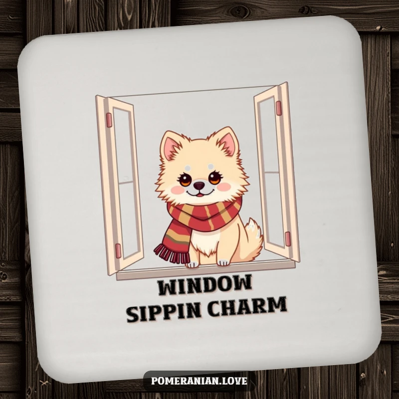 Funny Pomeranian coasters featuring a dog in a festive scarf peeking from a window, adding holiday humor and protection.