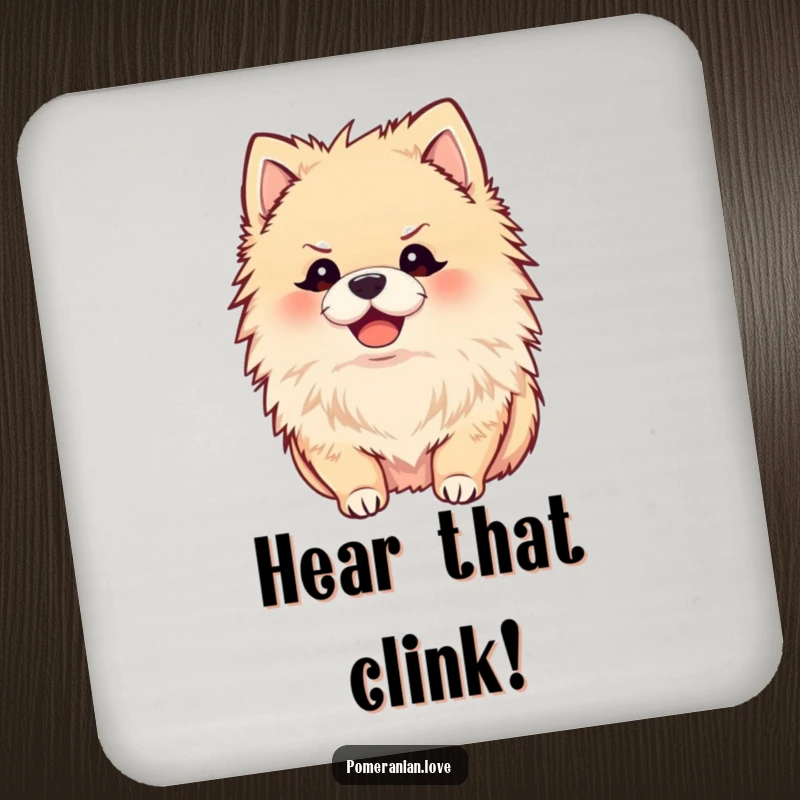 Funny drink coaster with a joyful Pomeranian, ears perked, listening intently, adds cute humor, a small gift.