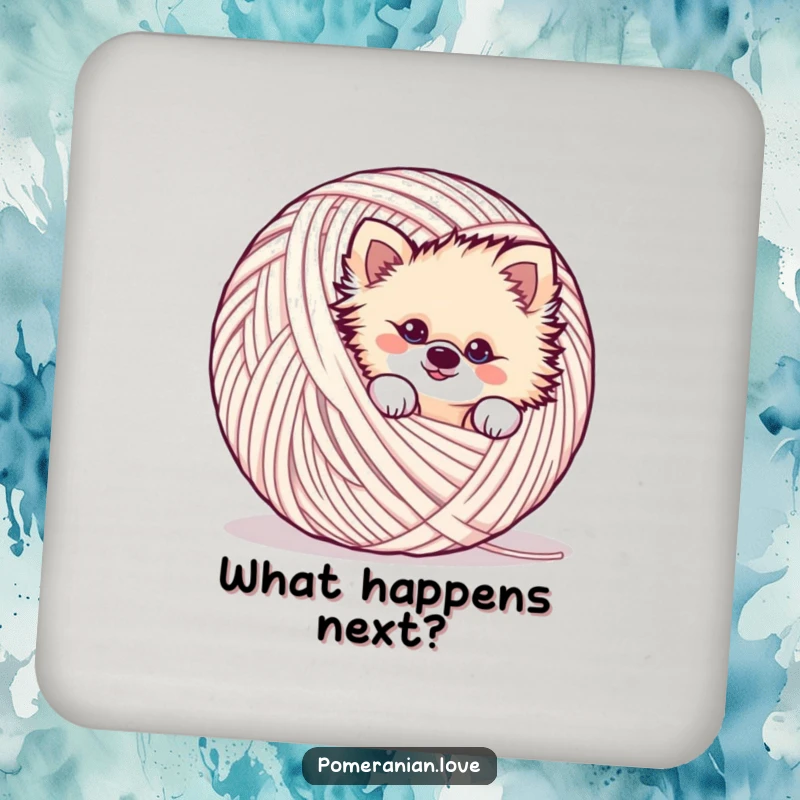Funny mischievous Pomeranian coaster set, peeking from yarn, playful, drink accessory, humorous home decor.