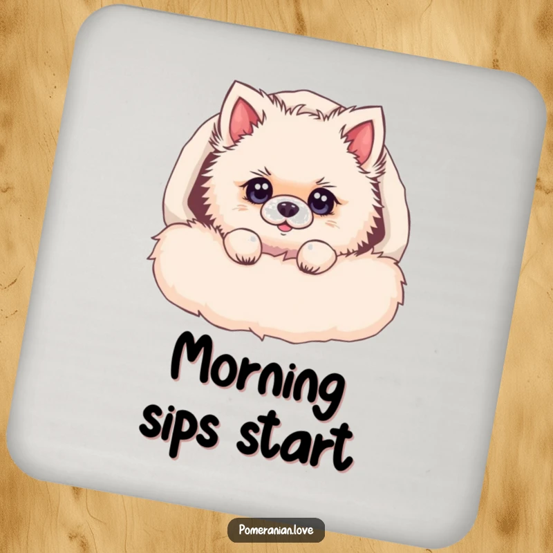 Funny Pomeranian drink coaster, a fluffy dog peeking from a bed, with bright, curious eyes, adding a humorous touch to tables.