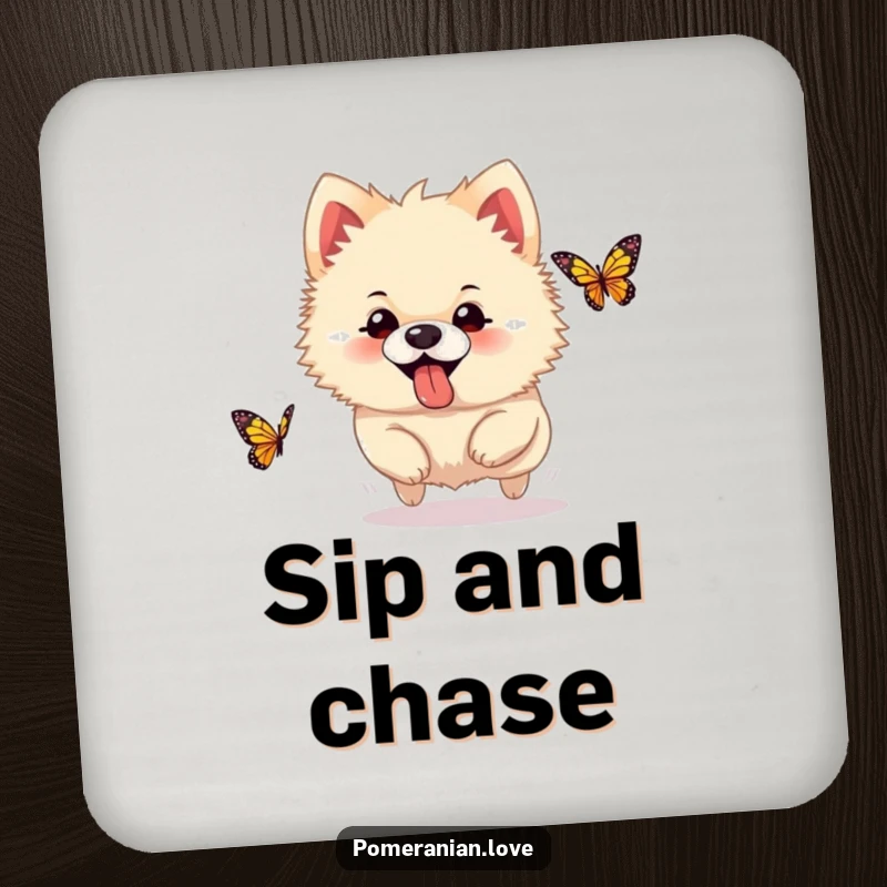 Funny Pomeranian drink coaster, a silly dog with tongue out, chasing a butterfly, adding a humorous touch to tables.