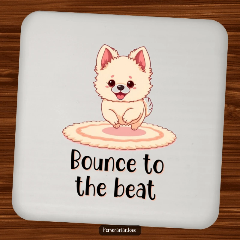 Funny Pomeranian with big ears playfully bouncing on a rug, featured on a protective drink coaster.